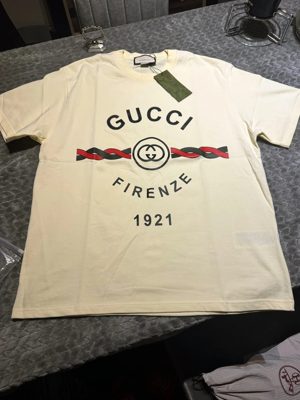 Oversized Gucci Cream Tee with Red & dark green Graphic Logo
